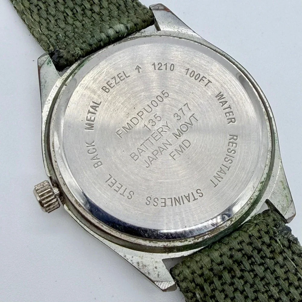 FMD FMDPU005 Mens Japan Quartz Stainless Steel Green Nylon Field Watch 100FT WR